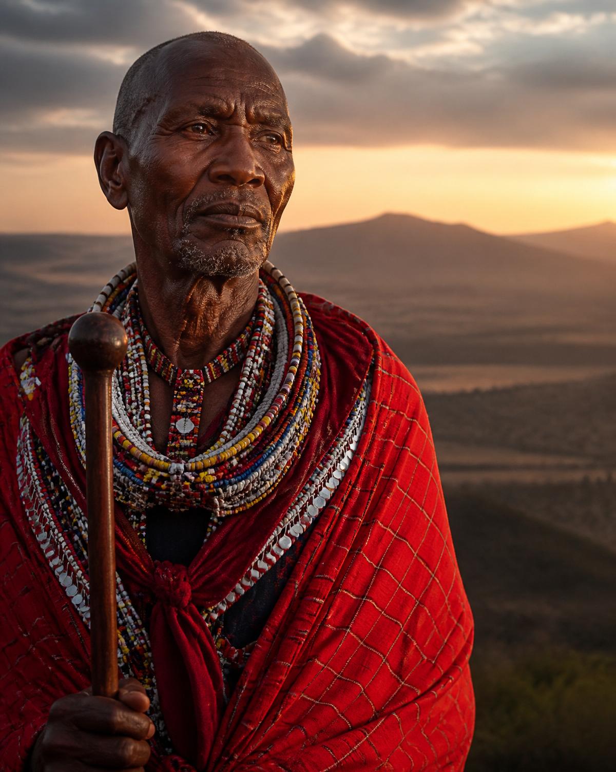 Kalenjin elder in beaded regalia on the Baringo ridge at sunset