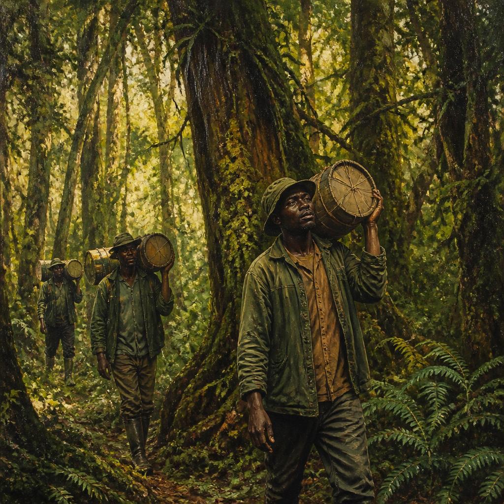 Oil painting of Ogiek and Sengwer forest guardians moving through the Mau canopy with honey barrels.