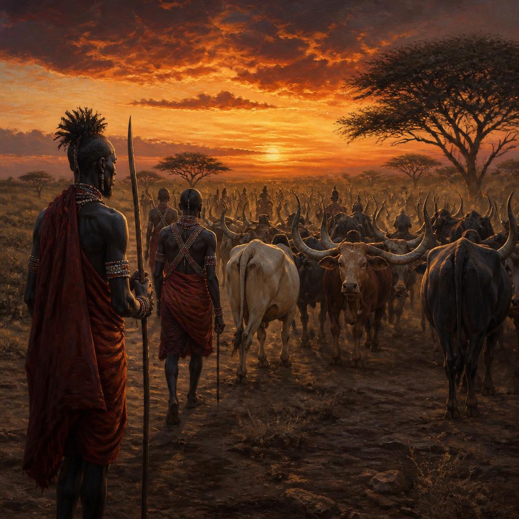 Oil painting of Pokot and Datooga pastoralists at dusk with a herd of long-horned cattle.